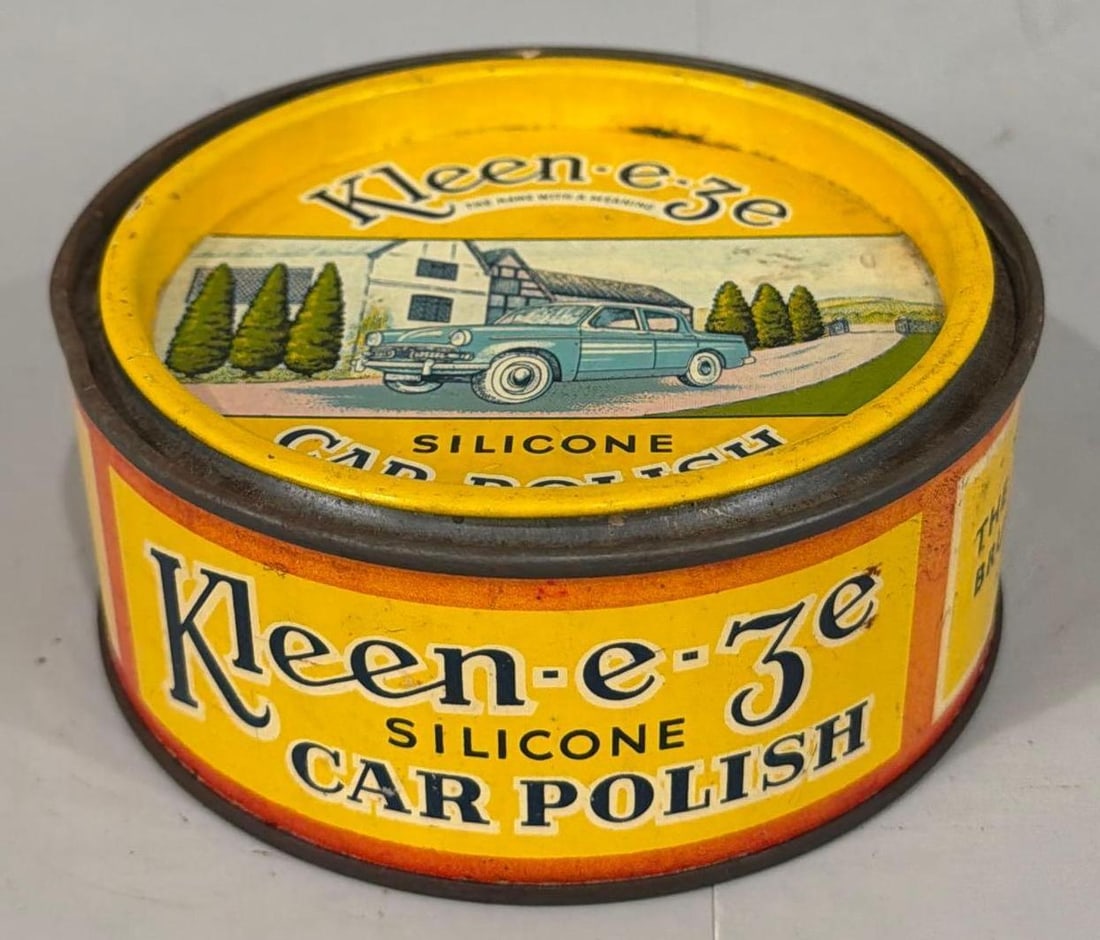 Kleen-e-eze Car Polish Metal Can: rated 9, 4.25"D., in good condition.