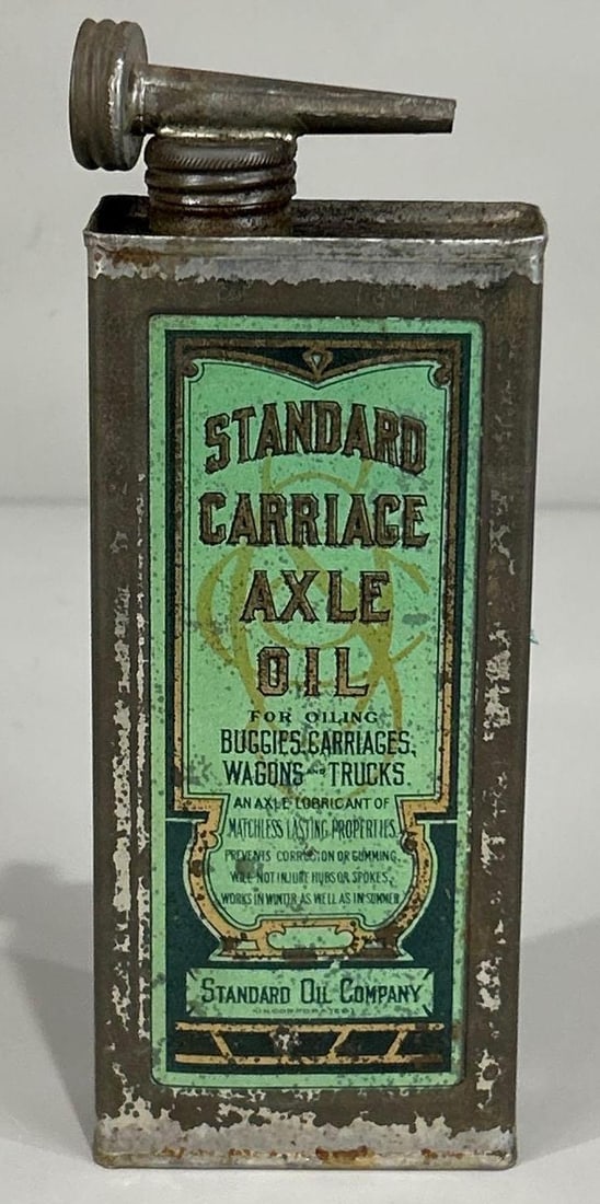 Standard Carriage Axle Oil Pint Flat Metal Can: rated 7.5, the one pint flat metal can has wear and light soiling, is full. 