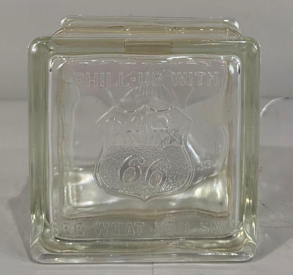 Phillips 66 Glass Block Coin Bank: 5"T. in good condition.