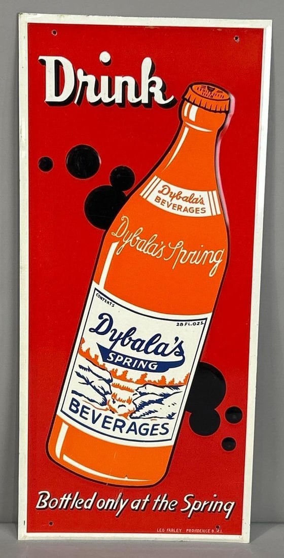 Dybala's Spring Beverages Embossed Tin Sign W/ Bottle Graphic: (Rated 9.0). 9" x 20". This SST sign has great color and gloss throughout with deep scratches at the base of the bottle. Outer edge shows light storage wear. Rarity 2. TAC # 062329.