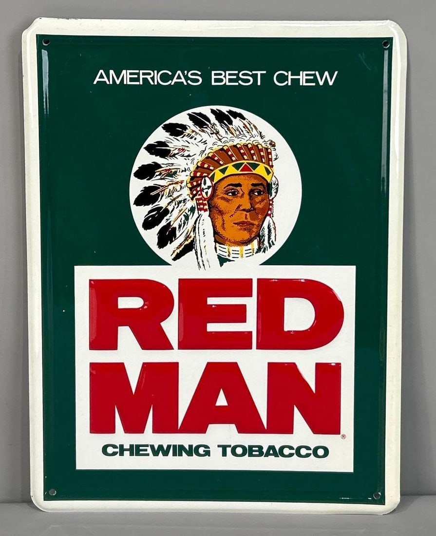 NOS Red Man Self-Framed Embossed Tin Sign W/ Native American Graphic: (Rated 9.25). 12" x 16". This SST sign has perfect color and gloss throughout with only light surface scratches on the outer field. Rarity 2. TAC # 062405