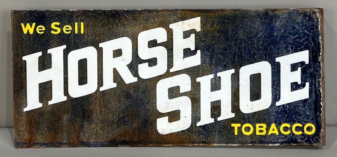 Horse Shoe Porcelain Flange SIgn: (Rated 6.5, 6.5) 8" x 18". This DSP sign has fading and discolorization throughout both sides. Reverse shows a porcelain chip in the field. Rarity 2. TAC # 034016