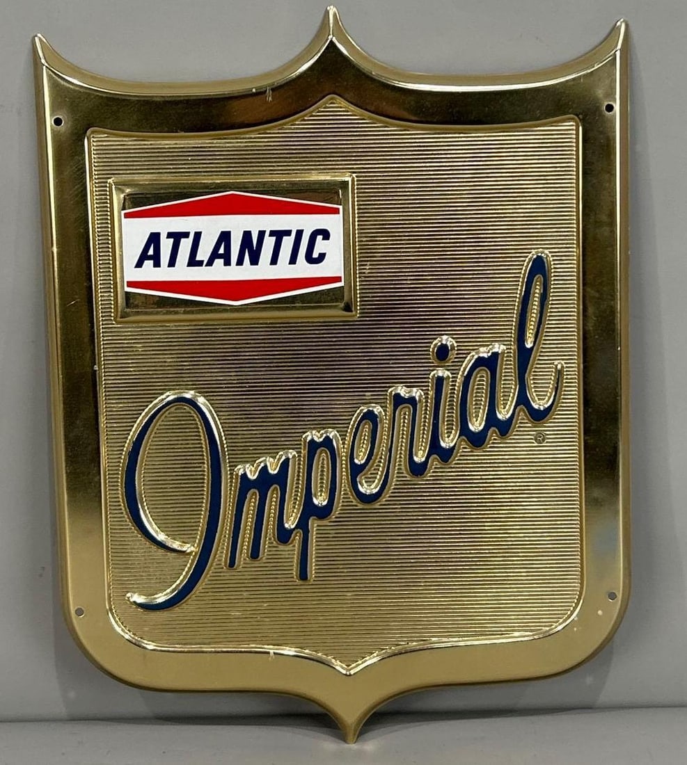 Atlantic Imperial Metal Pump Sign (TAC): rated 9, 17"x13", the SST embossed die-cut sign has good color and shine, light wear. Rarity 2. TAC #062868