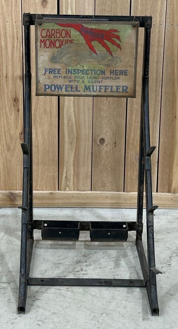 Powell Muffler Metal Sign & Display: rated 6.5, 34"x18"x18", the SST sign has wear and rust.