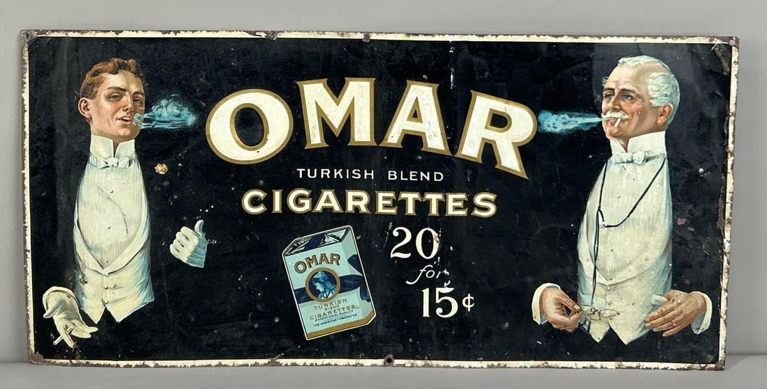 Omar Cigarettes Single-Sided Lithograph on Tin Sign W/ Gentleman Graphic (1 of 5)