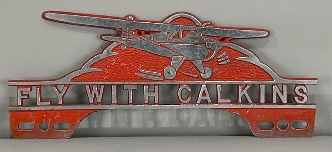 Fly With Calkings w/Plane Cast Aluminum License Plate Attachment: rated 9, 4"x12", in good condition