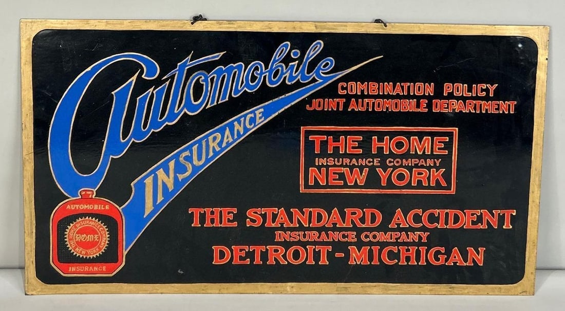 (Restored) Automobile Insurance Painted Metal Sign W/ Radiator Graphic (1 of 4)