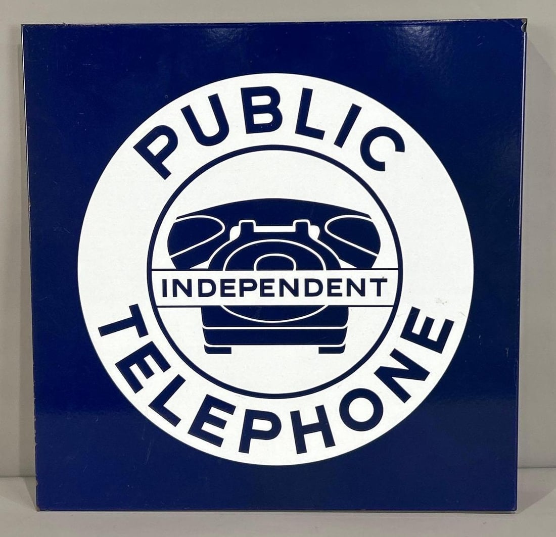 Independent Public Telephone w/Image Porcelain Flange Sign (TAC): rated 9.5, 18"x18", the porcelain flange sign has excellent color and gloss, nice, Rarity 4. TAC #062748