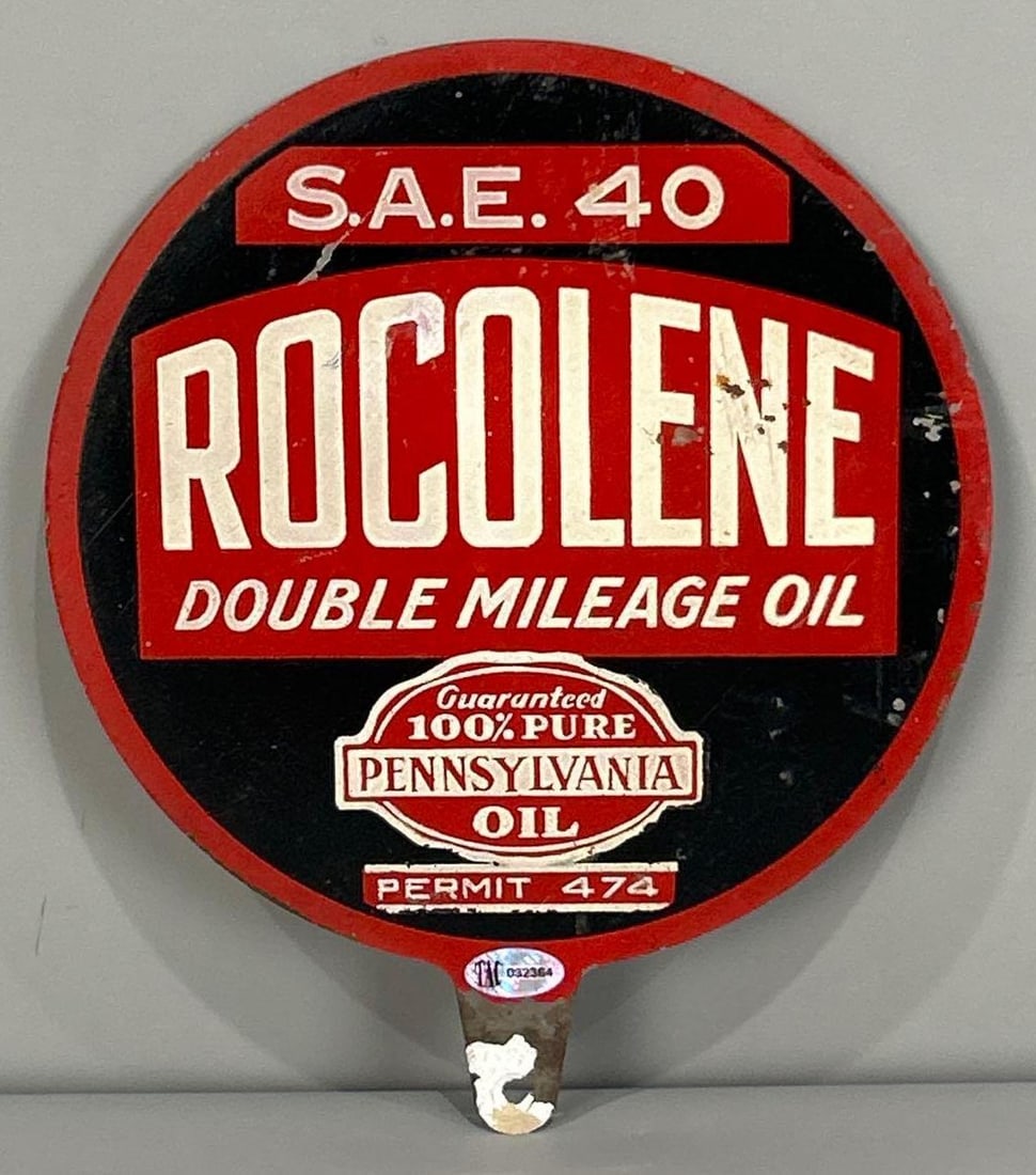 Rocolene Double Mileage Oil Metal Lubster Paddle Sign (TAC): rated 7.25, 8"x7", the DST lubster sign has soiling and paint loss. Rarity 2. TAC #032364