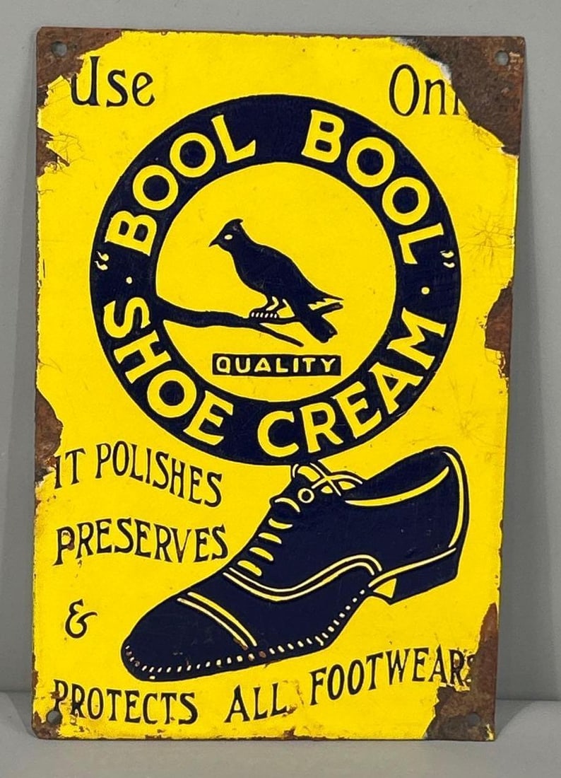 Use Only "Bool Bool" Shoe Cream Porcelain Sign (TAC): rated 8.25, 12"x8", the SSP sign has good color and gloss, has chips around the perimeter. TAC #062944