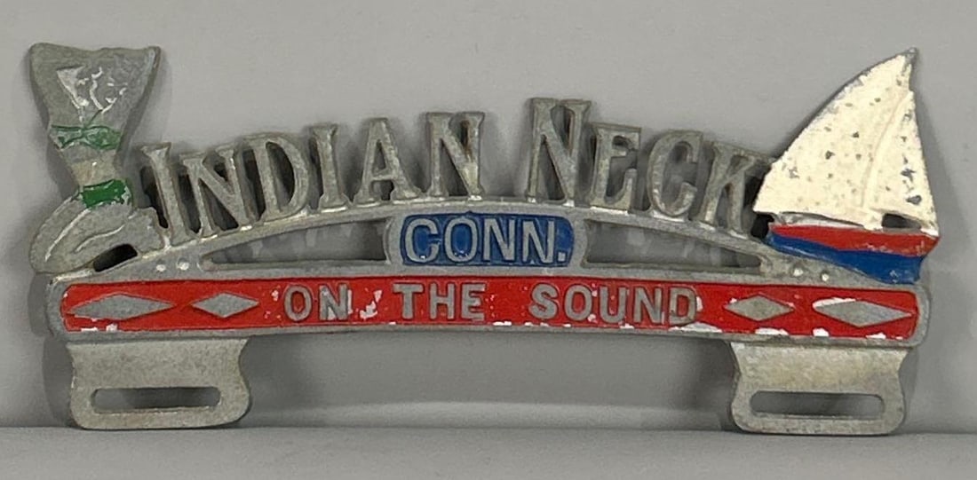 Indian Neck Conn.Cast Aluminum License Plate Attachment: rated 9, 4"x12', has light wear.