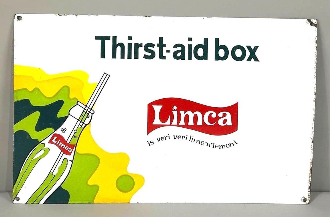Limca "Thirst-aid Box" w/Image Porcelain Sign (TAC): rated 9, 10.25'x16", the SSP sign has very good color and gloss, field is clean, has tiny chips around the perimeter. TAC #062946