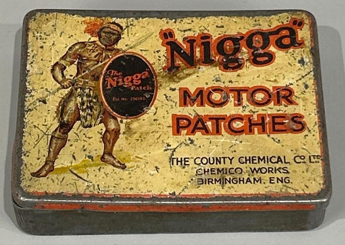 Nigga Motor Patches Metal Box: rated 7, 3"x4.75"x1", the metal box has wear and fine scratches, is empty.
