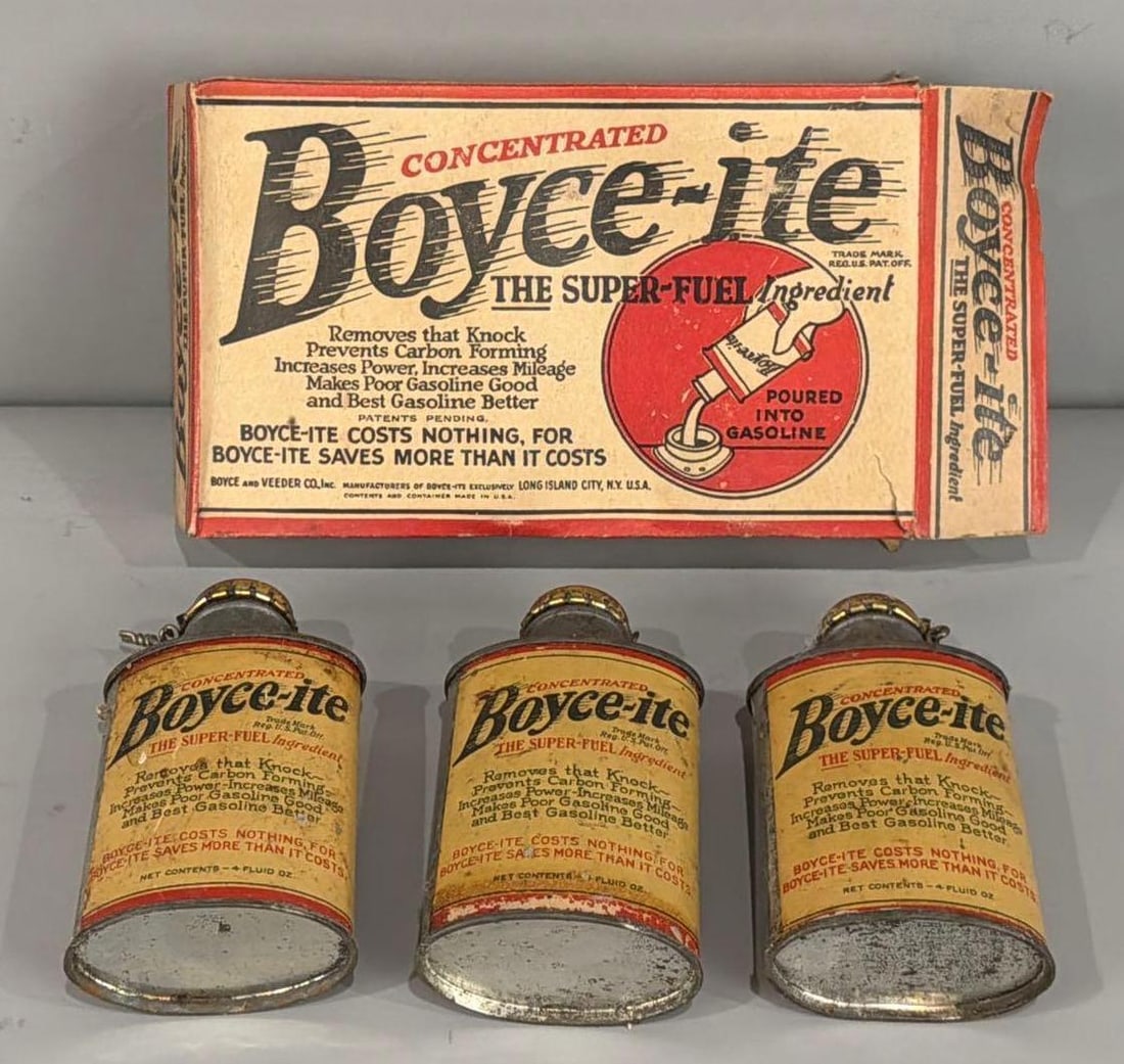 3-Boyce-ite Metal Cans w/Box: rated 8 to 9, all cans are empty, box is good.