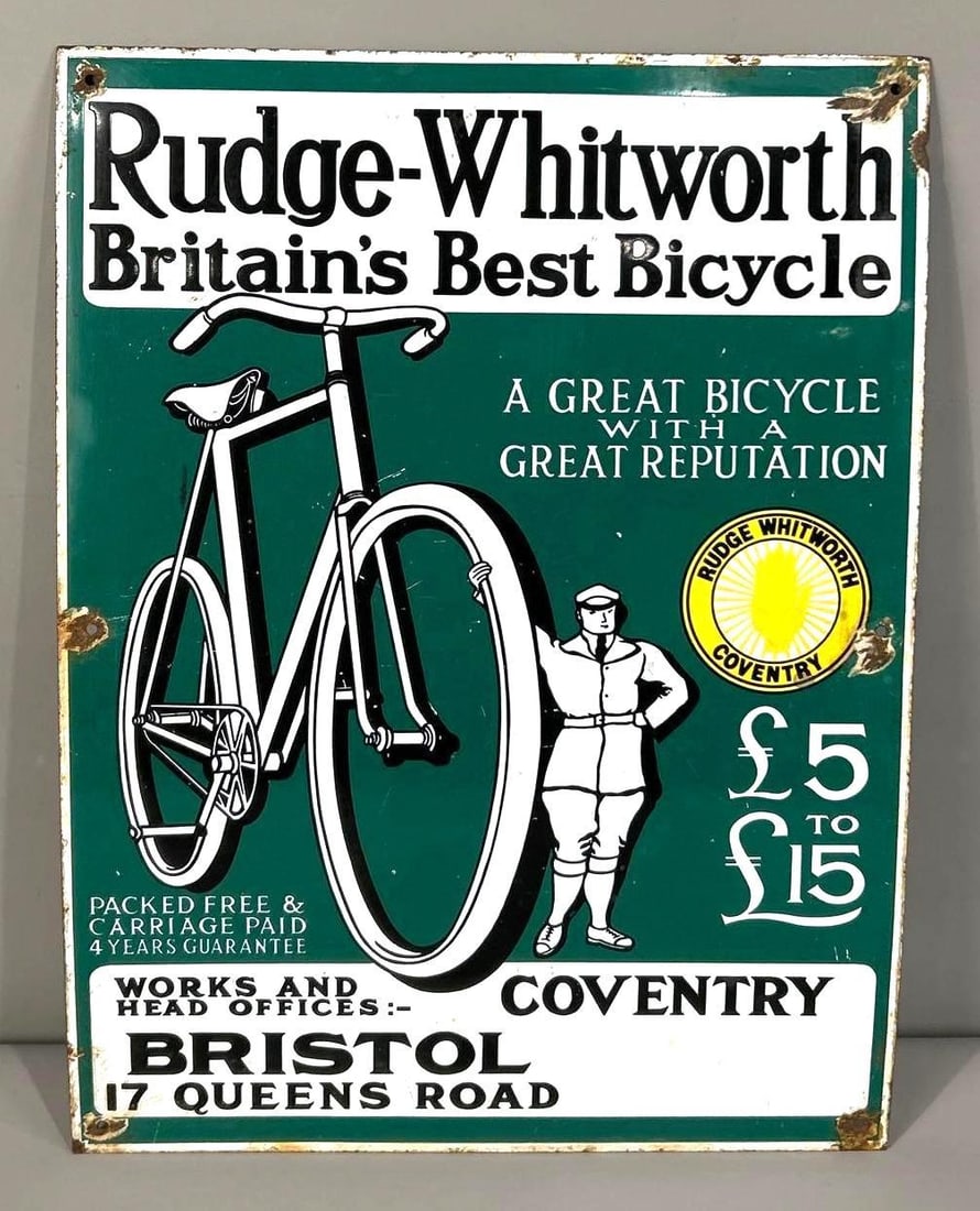 Reproduction Rudge-Whitworth Bicycle Porcelain Sign: 21.5"x16"