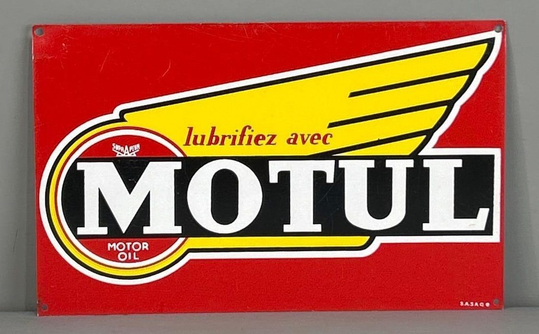Small Motul (oil) Metal Sign: rated 9.5, 6"x9.5", the SST sign has good color and shine, is marked Sasa. Co.