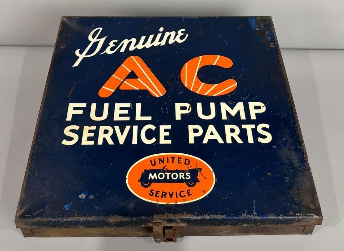 United Motor Service AC Fuel Pump Metal Parts Cabinet: rated 7.5, 13"x14"x5", the metal cabinet has wear and scratches.