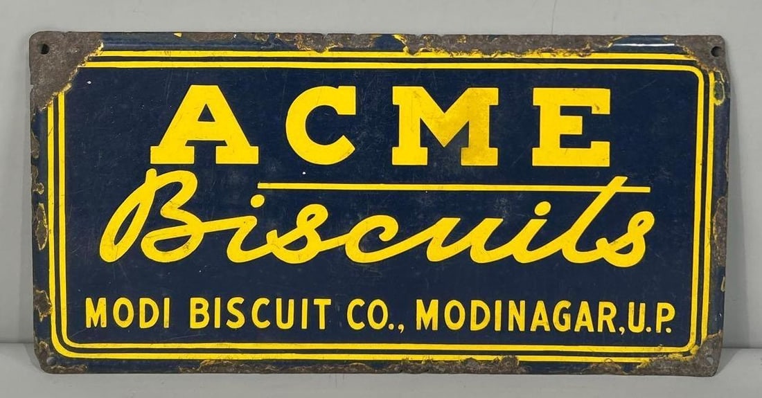 ACME Biscuits Porcelain Sign: rated 6, 9"x18", the SSP sign has chips and wear.