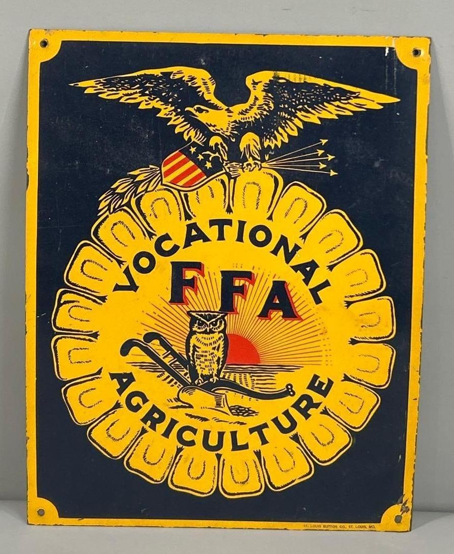 FFA Vocational Agriculture w/Logo Metal Tacker Sign: rated 9, 11.5"x9", the SST sign is marked St. Louis Button co.