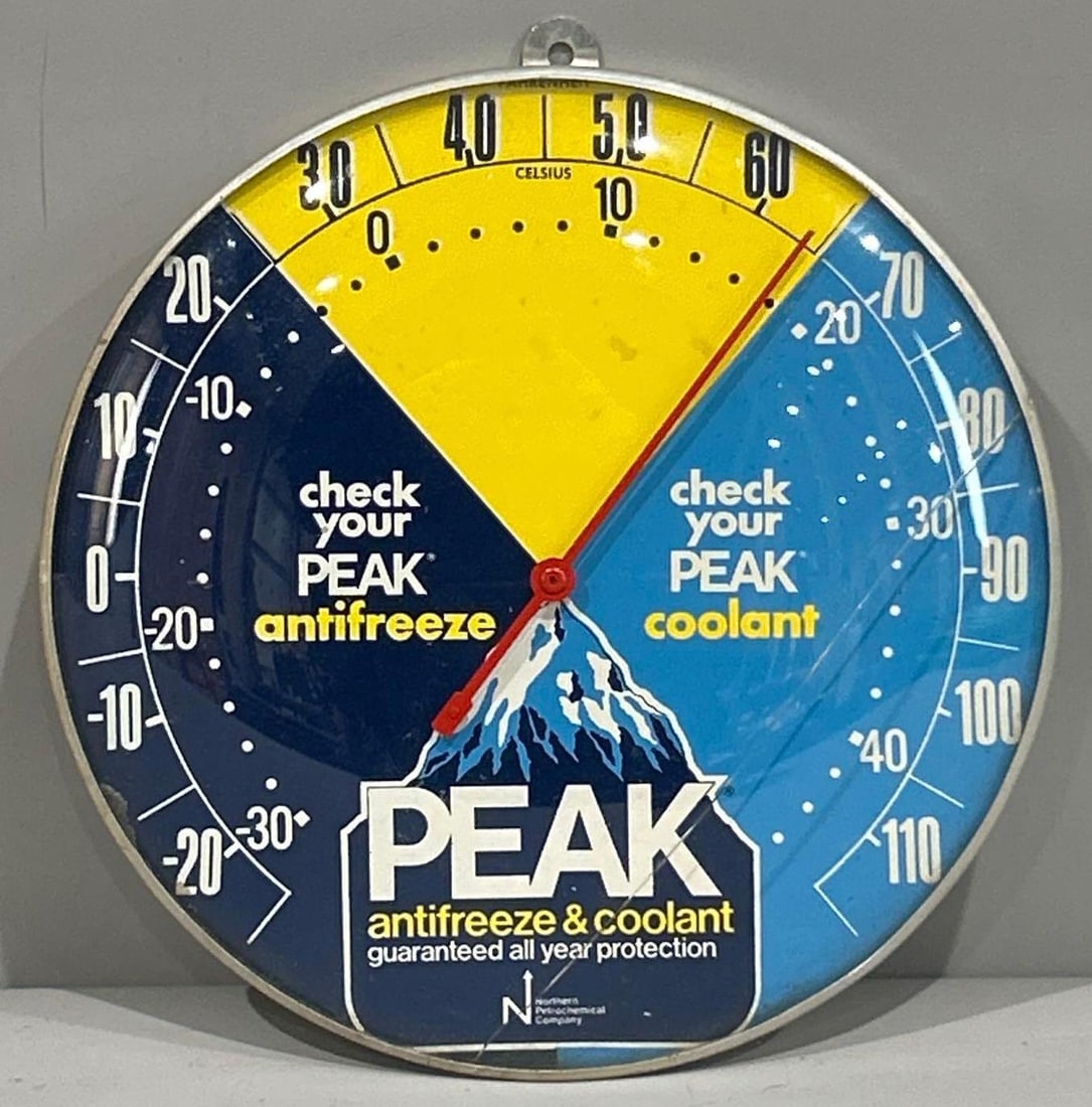 Peak Antifreeze & Coolant Round Thermometer: rated 6, 10"D., the glass bezel is cracked.
