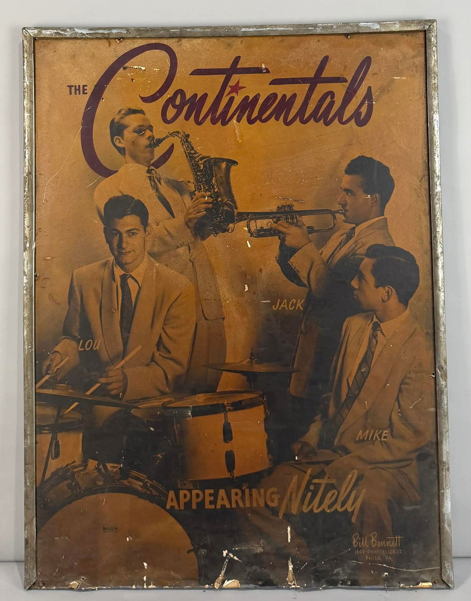 The Continentals Appearing Nightly Concert Poster Framed.: rated 6.5, 40"x30", has damage.