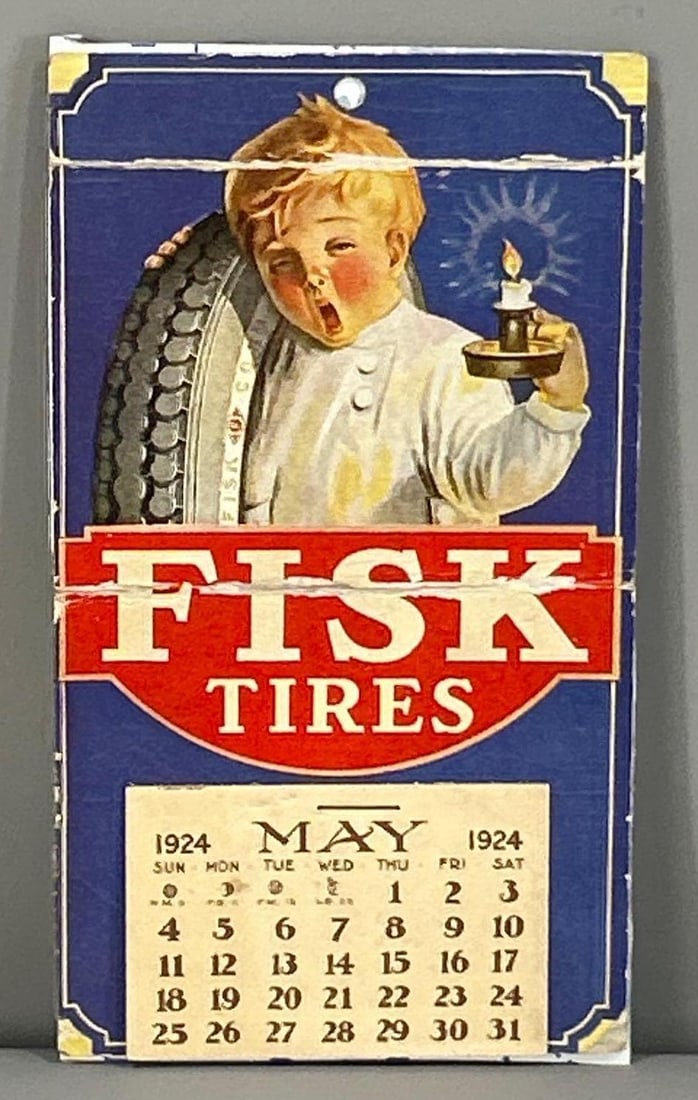 1924 Fisk Tire Paper Calendar: rated 6, 6.5"x3.5", the paper calendar start at May, has ceases.