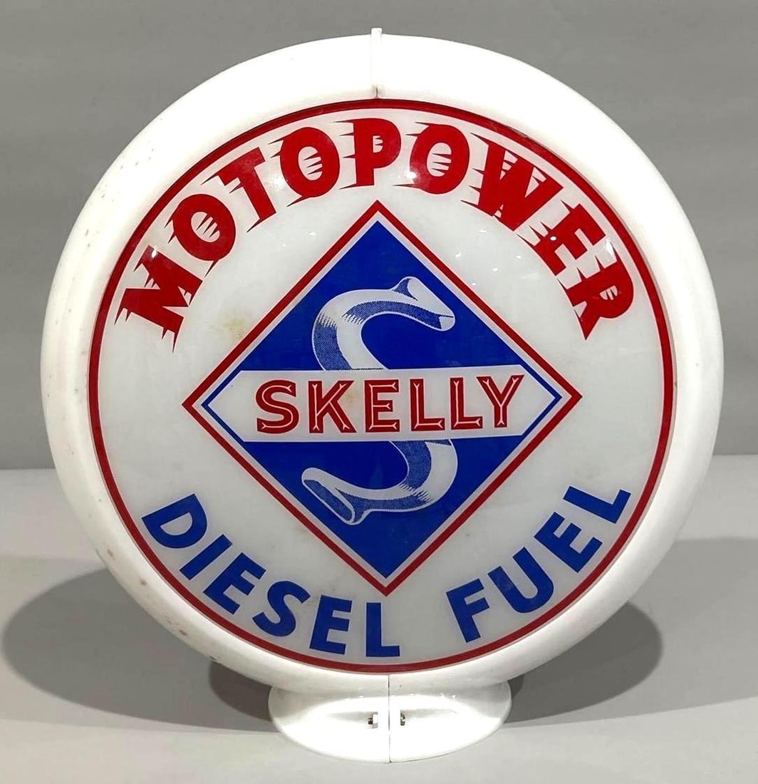 Skelly Motopower Diesel Fuel 13.5" Globe Lenses: rated 9+, 13.5"D., both lenses are in excellent condition, mounted in an original Capco globe body.