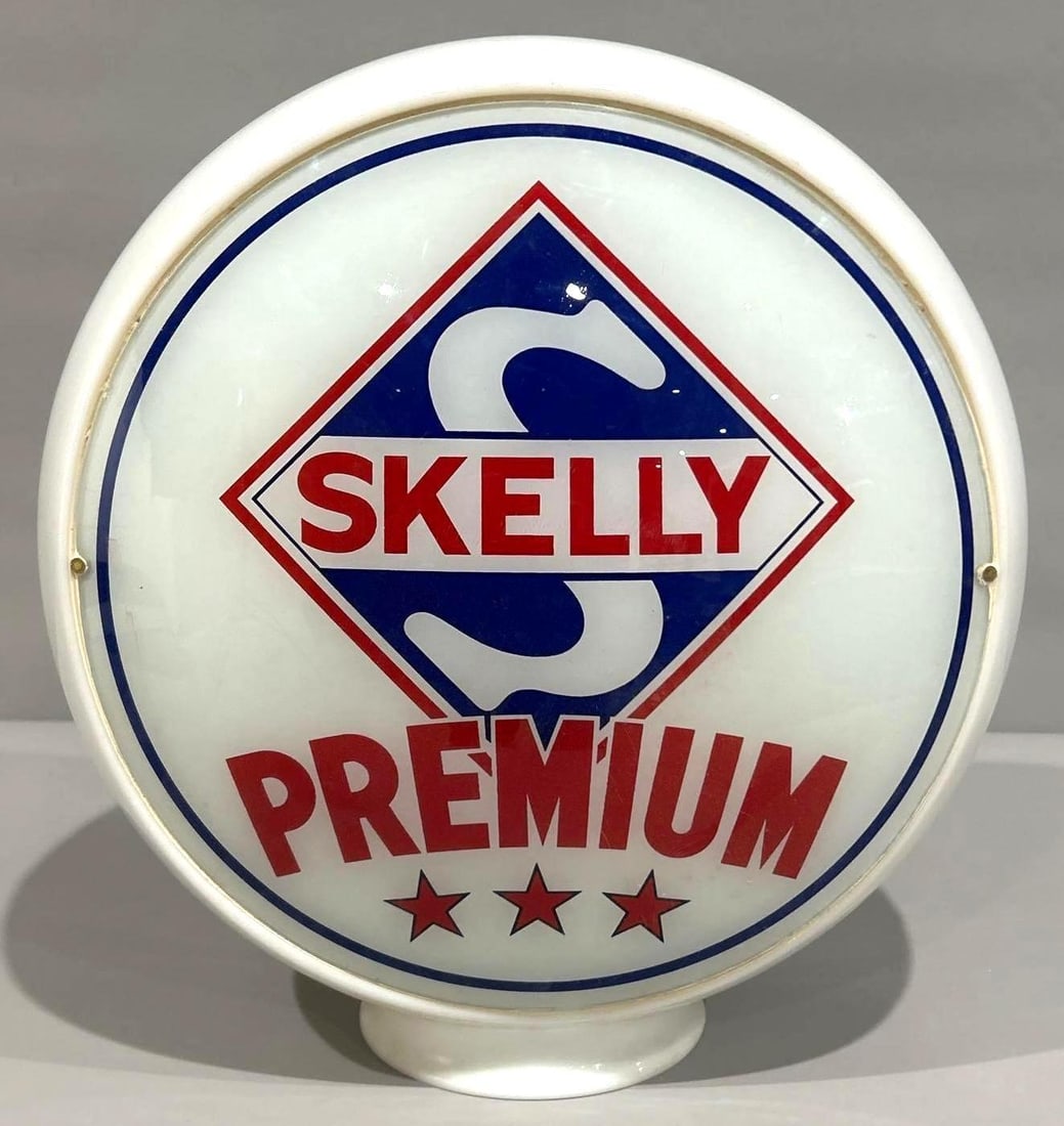 Skelly Premium w/3-Star Logo 13.5" Globe Lenses: rated 9.5 & broken, 13.5"D., display lens is in excellent condition, reverse is broken, both lenses are caulked in, mounted on original wide glass body.