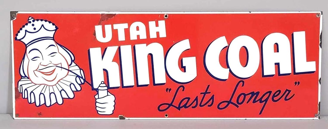 Utah King Coal w/Logo Porcelain Sign (TAC): rated 8.25, 10"x28". This SSP sign has very good color and gloss. Sign has damage on the top edge and around the perimeter. Rarity 5. TAC #061687