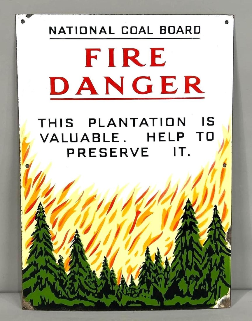National Coal Board Fire Danger Porcelain Sign (TAC): rated 9, 21"x15", the SSP sign has excellent color and gloss, field is clean, has small chips around the perimeter. Rarity 8. TAC #062956