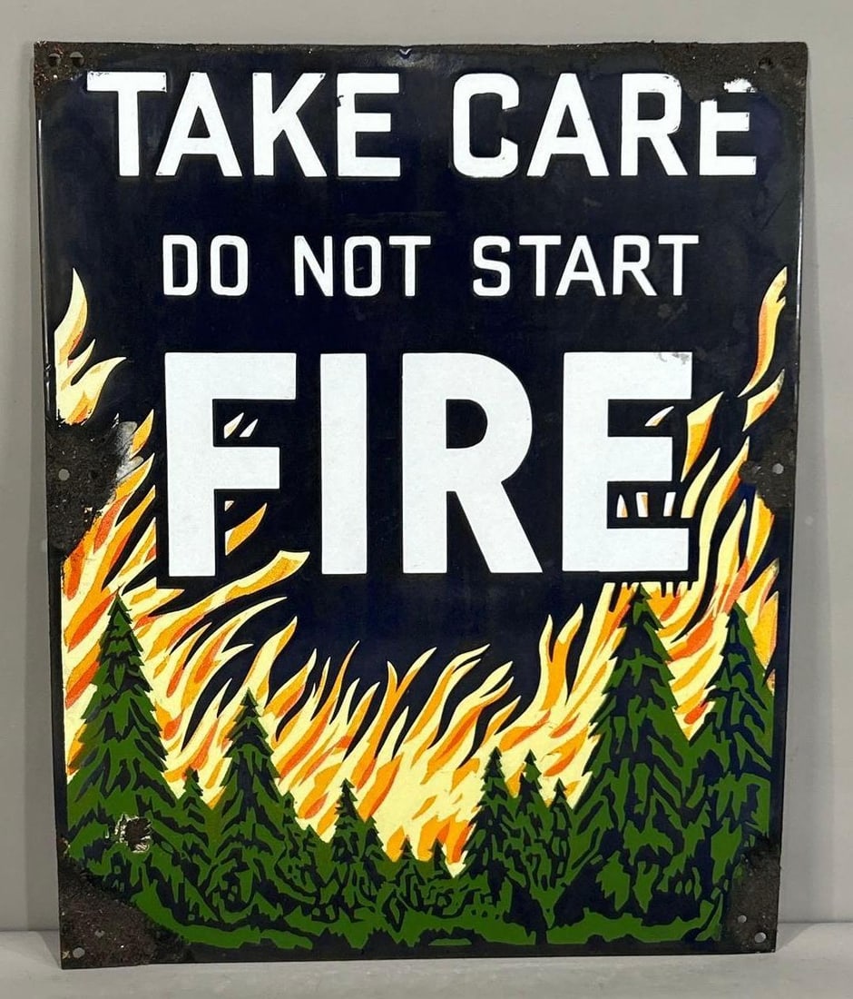 Take Care Do Not Fire Porcelain Sign (TAC): rated 7.9, 19"x15", the SST sign has good color and some gloss, field is clean has extra holes and large chips around the perimeter. TAC #062654