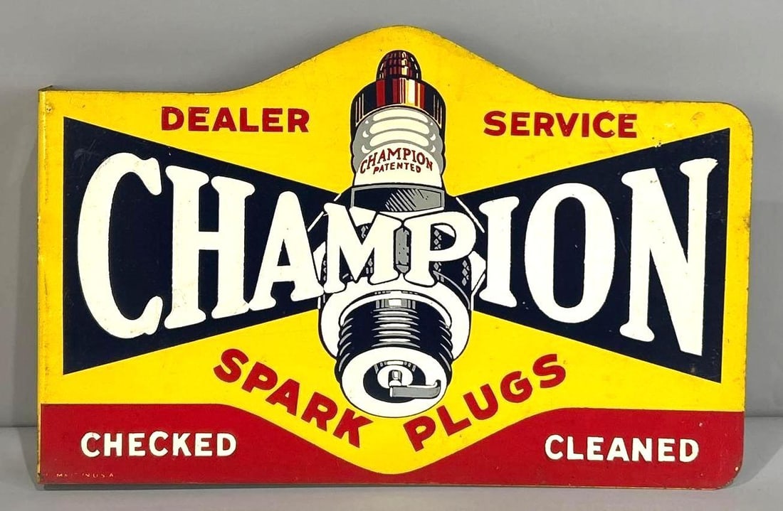 Champion Spark Plugs Die-Cut Tin Flange Sign W/ Spark Plug Graphic (1 of 8)