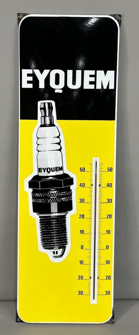 Eyquem (Spark Plug) Porcelain Thermometer (TAC): rated 9+,38.5"x12.5" , the SSP embossed thermometer has excellent color and gloss, tube is good, field is clean, has a few tiny chips around the perimeter. TAC #059209