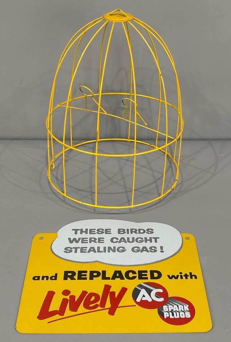 AC Spark Spark Plugs "These Birds Were Caught Stealing Gas" Metal Sign (TAC): rated 9+, 7"x7.5" (sign only) 14.5"x7.5" together, the DST sign has excellent color and shine, nice. Rarity 3. TAC #032373