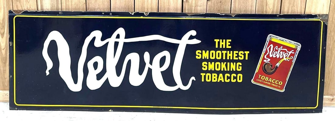 Unique Velvet Tobacco Self-Framed Porcelain Sign W/ Tobacco Tin Graphic: (Rated 8.9) 24" x 74". This SSP sign features excellent color and gloss throughout the field and main graphic. Sign shows light surface stains and minor oxidation spots on the dark background. Outer e