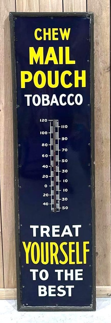 6' Mail Pouch Tobacco Porcelain Thermometer Sign: (Rated 9.25) 19.5" x 73.5". This SSP sign features excellent color and gloss throughout all fields. Sign shows very light surface scratches, as well as, staining on the outer edge. Sign retains