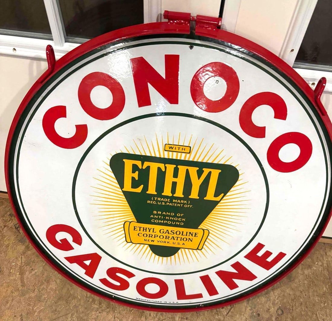 30" Conoco Gasoline w/Ethyl Logo Porcelain Sign (TAC): rate 9c, 30" D. the DSP sign has good color and gloss, one tiny chip in the fields, small drill hole at the top edge, TAC #058917