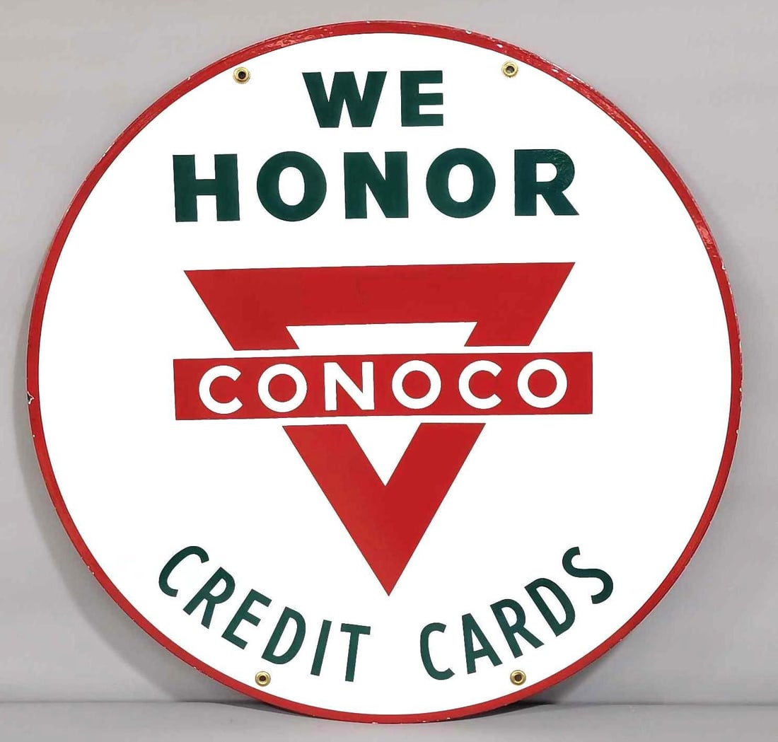 30" We Honor Conoco Credit Cards w/Logo Porcelain Sign (TAC): rated 9, 30"D. This DSP sign has excellent color and gloss with only light wear. Rarity 5. TAC #061660