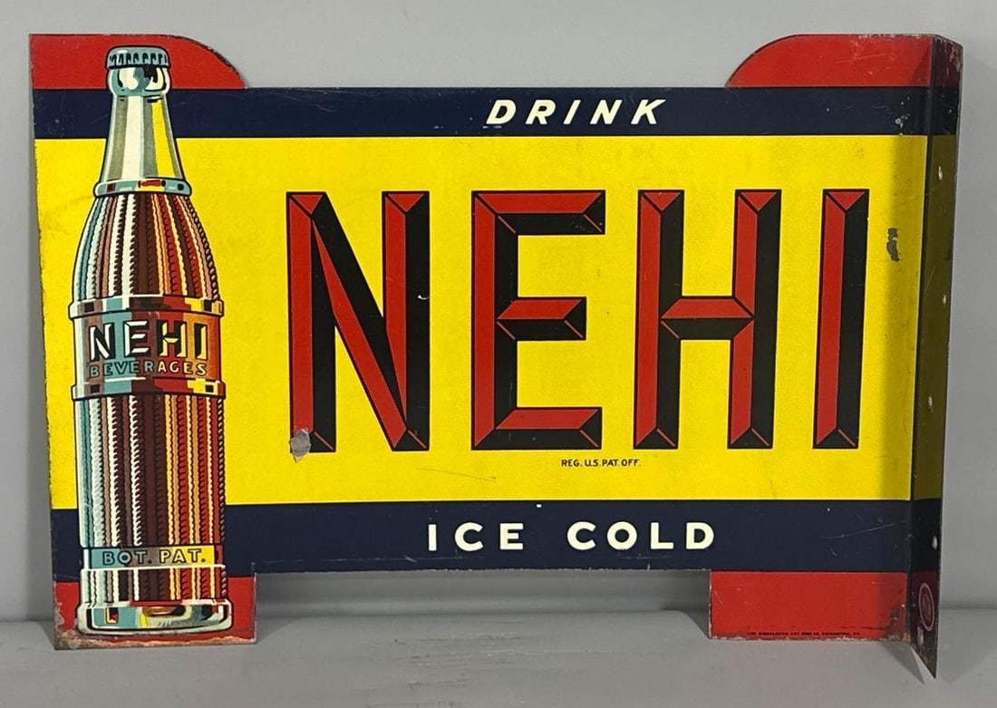 Drink Nehi (H) w/Bottle Metal Flange Sign (TAC): rated 8.5 & 8.25, 13"x18", the die-cut metal flange sign has good color and shine with light wear and a few fine scratches. Marked, "Donaldson." Rarity 8. TAC #062370
