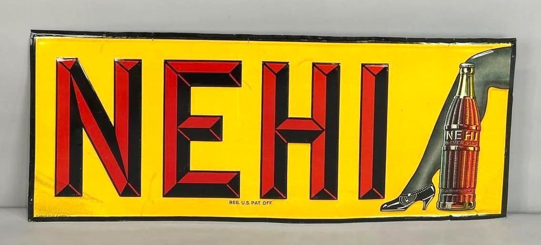 Nehi Embossed Tin Sign W/ Early Bottle And Leg Graphic: Rated 9. 11.75" x 29.5". This SST sign has great color and gloss throughout, with minor surface scratches and stains to note. Sign shows factor flaws on the outer field, along with non distracting