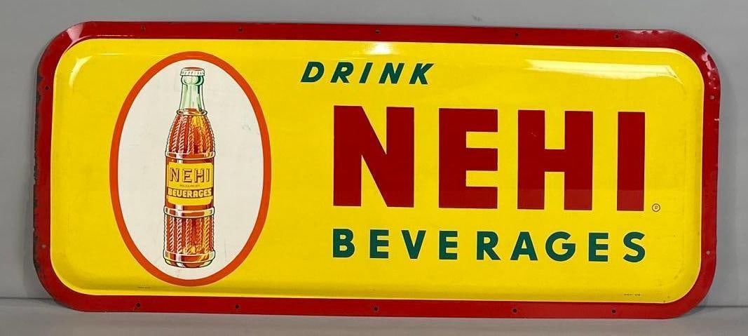 Drink NEHI Beverages Single-Sided Convex Sign W/ Bottle Graphic: (Rated 8.9). 22" x 52". This SST sign has good color and gloss throughout the field. Sign shows light rubs and surface stains on the outer perimeter typical of convex signs. Outer edge has paint loss
