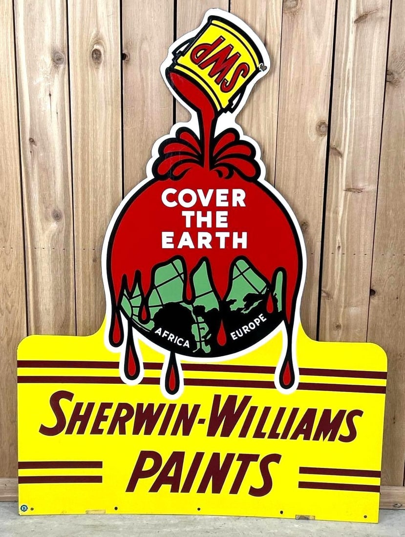 Sherwin Williams "Cover the Earth" Porcelain Sign (TAC): rated 9.25 & 9c, 57"x42", the DSP diecut sign has excellent color and gloss, display is clean, tiny chips at a few mounting holes, reverse has a few tiny flea bites. Rarity 4. TAC #062677