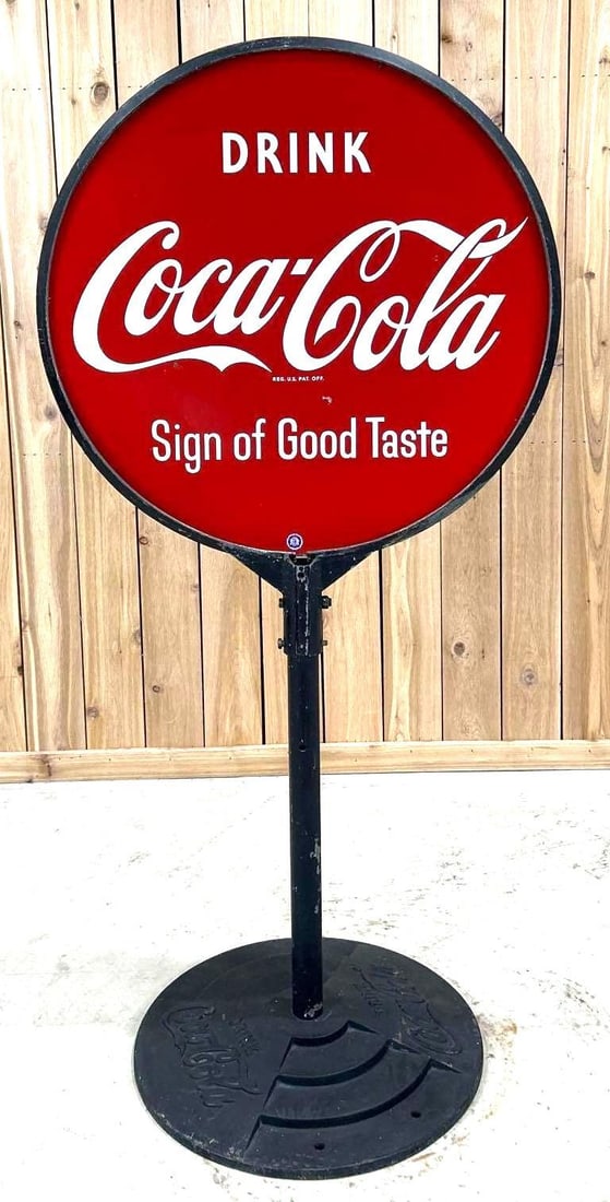 Coca-Cola "Sign Of Good Taste" Porcelain Curb Sign W/ Original Base (1 of 7)