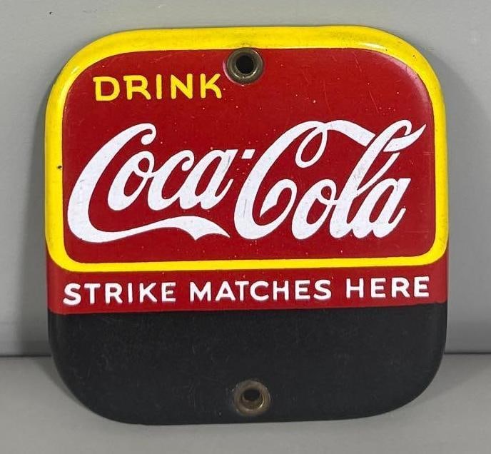 Drink Coca-Cola "Strike Matches Here" Porcelain Sign (TAC): ratted 9.5, 4.25"x4.25", the SSP sign has excellent color and gloss, rarity 5. TAC #061460