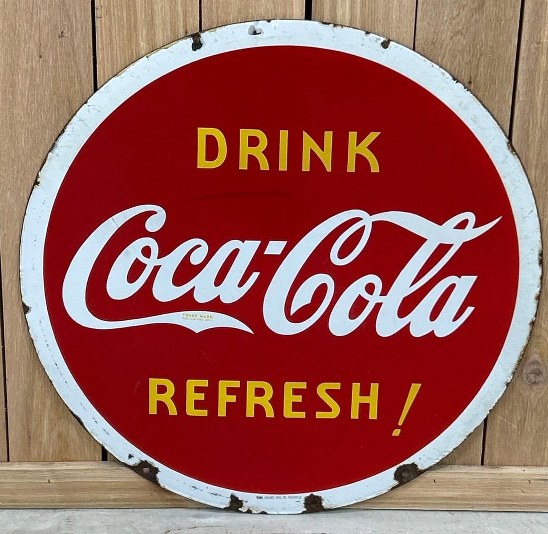 30" Drink Coca-Cola Refresh! Porcelain Sign (TAC): rated 8.5, 29.5"D., the DSP sign has good color and gloss, has wear, chips around the perimeter, dated 1939. Rarity 3. TAC #062739