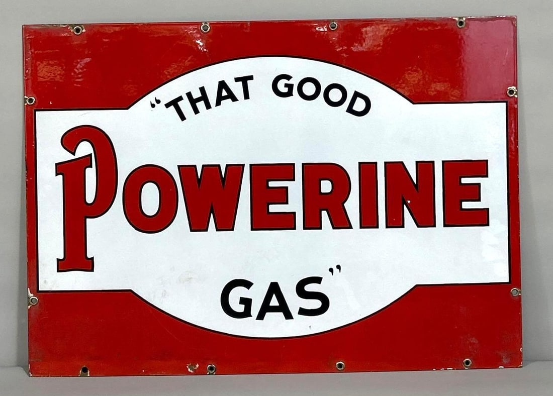 Powerine "That Good Gas" Porcelain Sign (TAC): rated 8.5 & 8.25, 20"x28", the DSP sign has good color and gloss Display has wear and chips around the perimeter, reverse is a little dull. Rarity 5. TAC #061333
