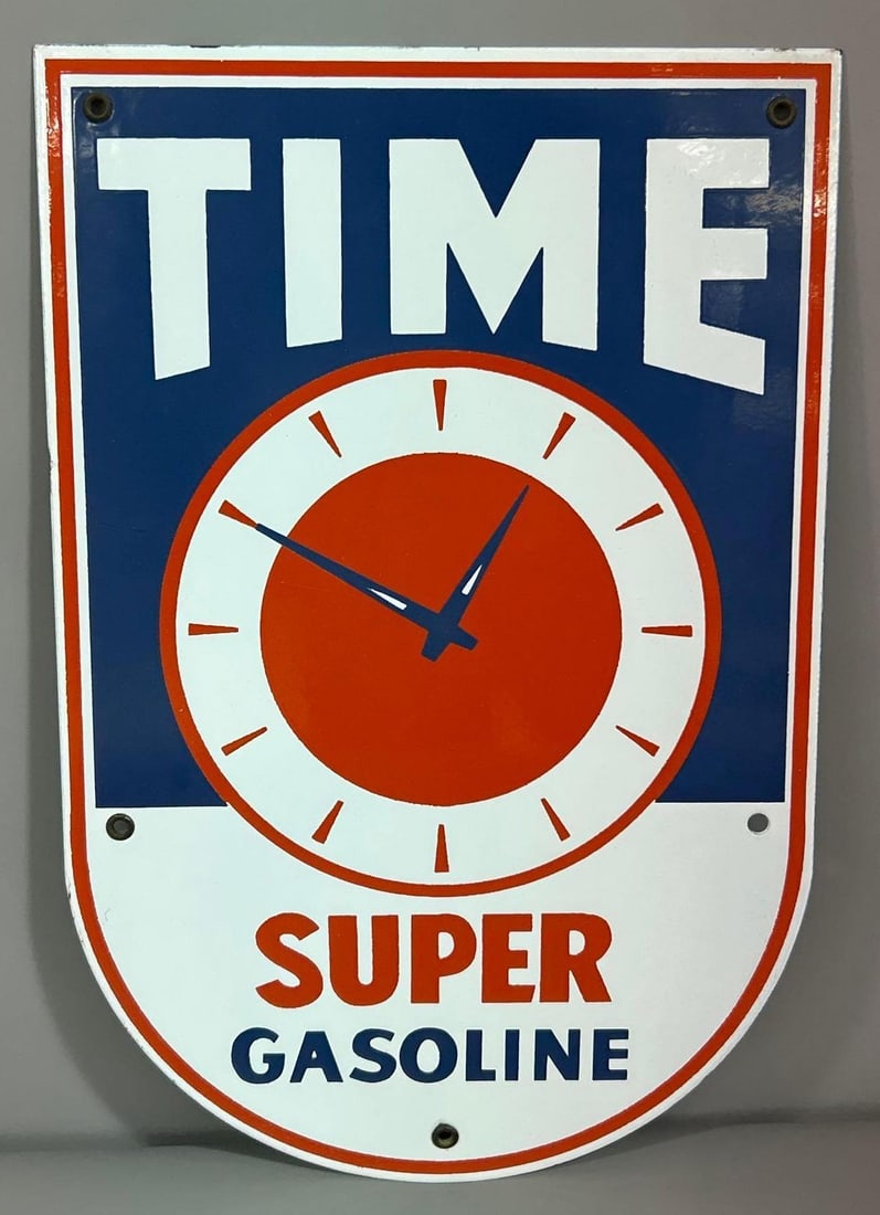 Time Super (small) Gasoline Porcelain Pump Sign (TAC) (1 of 4)