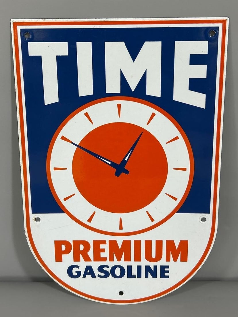 Time Premium Gasoline w/Logo Porcelain Pump Sign (TAC) (1 of 3)