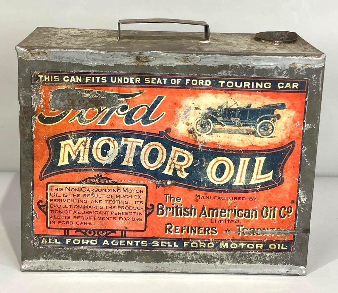 Early Ford Motor Oil Soldered Seemed Can W/ Early Automobile Graphic (1 of 5)