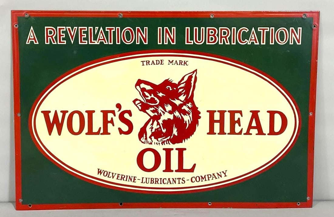 Wolf's Head Oil w/Logo Porcelain Sign (repaired)(TAC) (1 of 7)